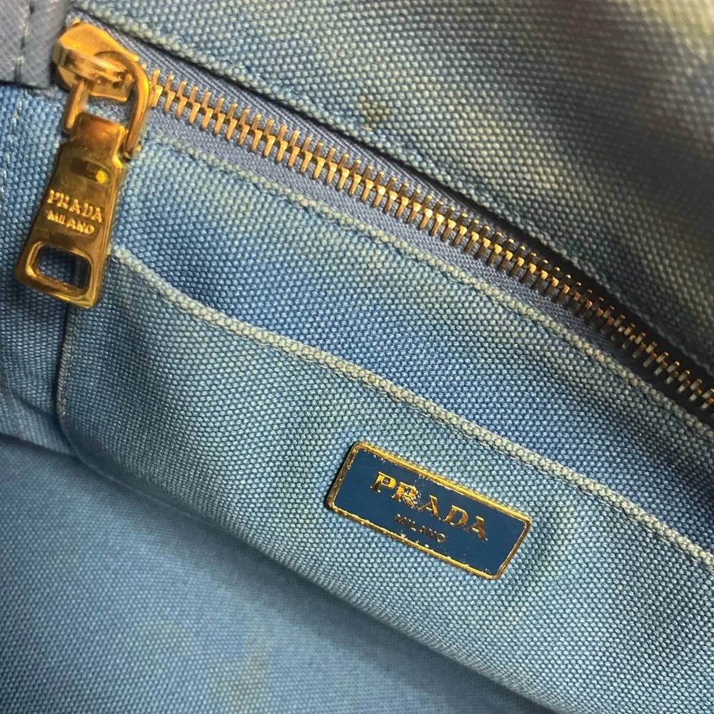 Prada Canapa Blue Denim Canvas Tote Bag Distressed Jeans - Picture 8 of 11